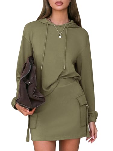 Women 2 Piece Sets Cotton Sweatsuits Fall Hooded Sweatshirt Cargo Skort Skirt Stretchy Tracksuit Casual Tennis Pockets