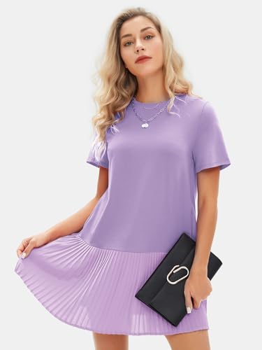 Womens Summer Casual Short Sleeve Dress Crewneck Tshirt Dresses Pleated Aline Mini Dress 2025 Vacation Beach Sundress
