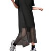 Women's Short Sleeve Crewneck Oversized Tshirt Dress Mesh Ruffle Hem Long Dress