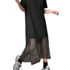 Women's Short Sleeve Crewneck Oversized Tshirt Dress Mesh Ruffle Hem Long Dress
