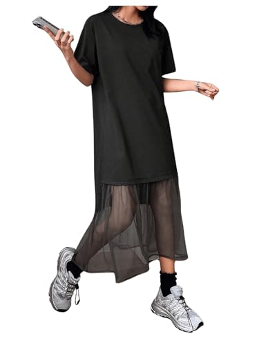 Women's Short Sleeve Crewneck Oversized Tshirt Dress Mesh Ruffle Hem Long Dress