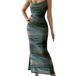 Women's Tie Dye Mesh Maxi Dress Cowl Neck Backless Sexy Bodycon Party Long Dress