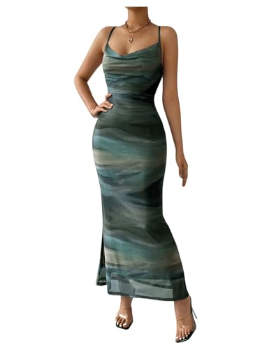 Women's Tie Dye Mesh Maxi Dress Cowl Neck Backless Sexy Bodycon Party Long Dress