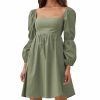 Womens 2025 Square Neck Dress Long Puff Sleeve A-Line Casual Short Mini Dresses