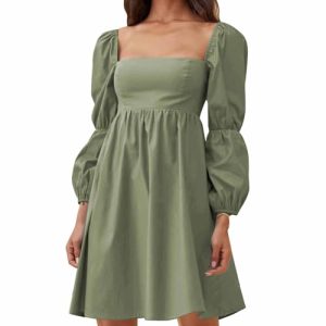 Womens 2025 Square Neck Dress Long Puff Sleeve A-Line Casual Short Mini Dresses