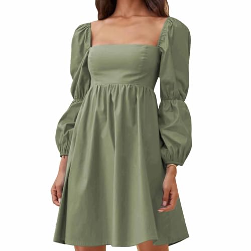 Womens 2025 Square Neck Dress Long Puff Sleeve A-Line Casual Short Mini Dresses