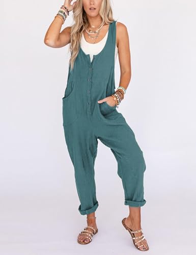Womens Overalls Linen Cotton Jumpsuits Loose Casual Jumpers with Pockets