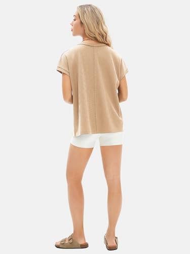Womens Summer Oversized Tops Short Sleeve Crewneck Waffle Shirts Casual Blouses Loose Tunic Fashion 2025