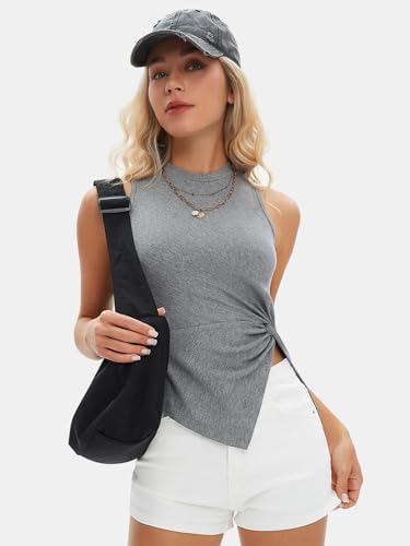 Women's Summer Sleeveless High Neck Tank Tops Sexy Twist Knot Asymmetrical Hem Shirts Going Out Top 2025