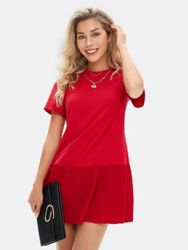 Womens Summer Casual Short Sleeve Dress Crewneck Tshirt Dresses Pleated Aline Mini Dress 2025 Vacation Beach Sundress