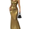 Women's Sexy Open Back Shiny Metallic Maxi Dress Cowl Neck Bow Bodycon Cocktail Party Dress