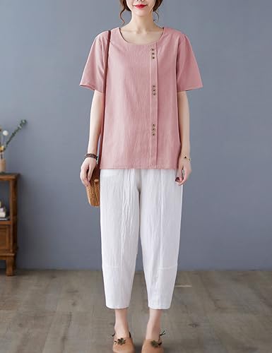 Women Cotton Blend Crew Neck Short Sleeve Basic Tunic Tee Shirts Tops Blouse