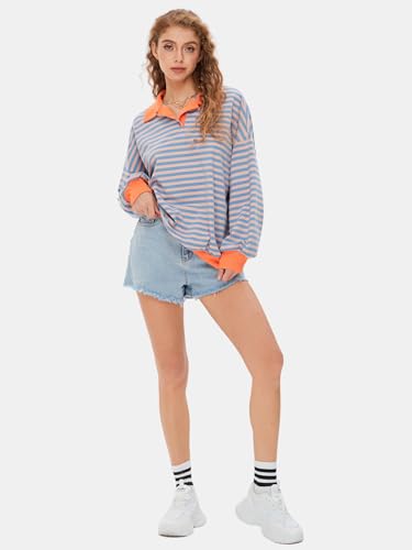 Womens Oversized Sweatshirt for Women 2024 Fall Button Striped Long Sleeve Shirts Hoodies Preppy Top Y2K Outfits