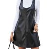 Women's PU Leather Scoop Neck Sleeveless Pinafore Overall Mini Dress