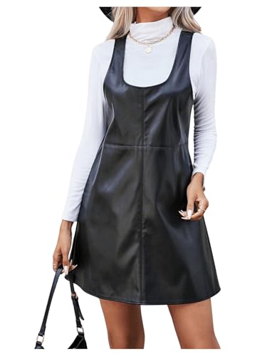 Women's PU Leather Scoop Neck Sleeveless Pinafore Overall Mini Dress