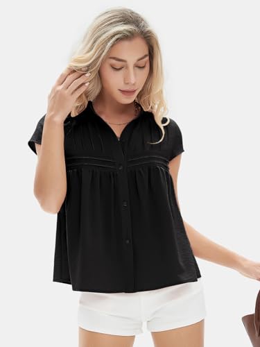 Women's 2025 Summer Cap Sleeve Tops Loose Button Down Dress Shirt Casual V Neck Pleated Textured Work Blouse