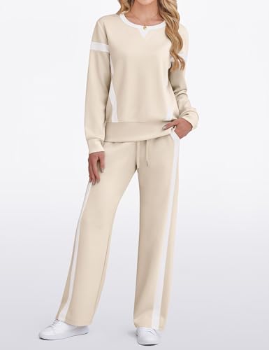 Women 2 Piece Lounge Set Tracksuit Color Block Pullover Wide Leg Pants Sweatsuit Matching Sets S-3XL
