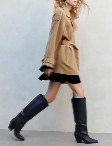 Women's Wool Blend Pea Coat Notch Lapel Double Breasted Winter Loose Short Button Belt Outerwear Jacket