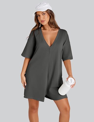 Rompers for Women Casual Short Sleeve Oversized Athletic Workout Reversible Hot Shot Tee Romper Deep Pockets