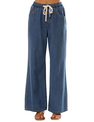 Women Wide Leg Jeans Casual Loose Fit High Elastic Waist Denim Pants with Pockets