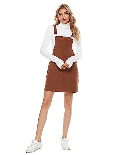 Womens Casual Corduroy Bib Knee Length Overalls Pinafore Midi Dress Jumpsuit（Brown-XS）