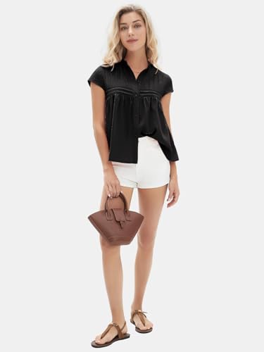 Women's 2025 Summer Cap Sleeve Tops Loose Button Down Dress Shirt Casual V Neck Pleated Textured Work Blouse