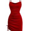 Girl's Velvet Cowl Neck Dress Drawstring Ruched Bodycon Spaghetti Strap Holiday Dress