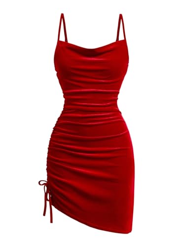 Girl's Velvet Cowl Neck Dress Drawstring Ruched Bodycon Spaghetti Strap Holiday Dress
