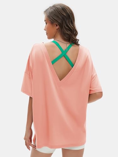 Women's Casual Oversized V Neck T-Shirts Tops Reversible Athletic Workout Crew Neck Fashion Trendy Tee