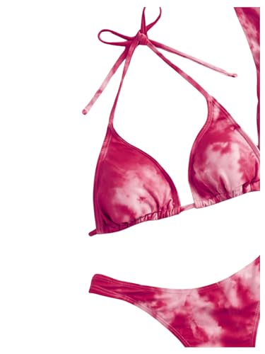 Women's 3 Piece Triangle Thong Swimsuit Tie Dye Bikini Set with Thigh Slit Cover Up Dress
