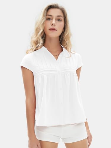 Women's 2025 Summer Cap Sleeve Tops Loose Button Down Dress Shirt Casual V Neck Pleated Textured Work Blouse