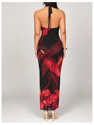 Women's Sexy Floral Maxi Dress Halter Tie Backless Cowl Neck Bodycon Party Dress