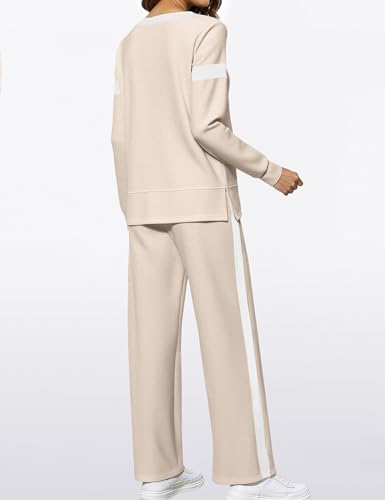 Women 2 Piece Lounge Set Tracksuit Color Block Pullover Wide Leg Pants Sweatsuit Matching Sets S-3XL