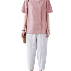 Women Cotton Blend Crew Neck Short Sleeve Basic Tunic Tee Shirts Tops Blouse