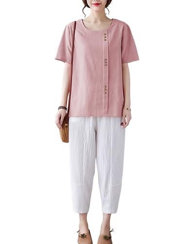 Women Cotton Blend Crew Neck Short Sleeve Basic Tunic Tee Shirts Tops Blouse