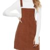 Womens Casual Corduroy Bib Knee Length Overalls Pinafore Midi Dress Jumpsuit（Brown-XS）