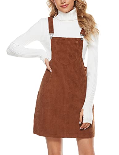 Womens Casual Corduroy Bib Knee Length Overalls Pinafore Midi Dress Jumpsuit（Brown-XS）