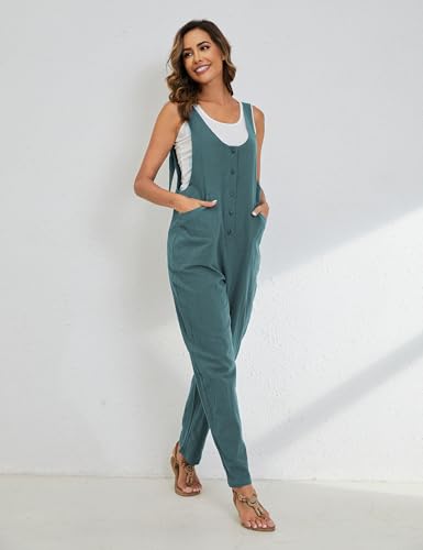 Womens Overalls Linen Cotton Jumpsuits Loose Casual Jumpers with Pockets