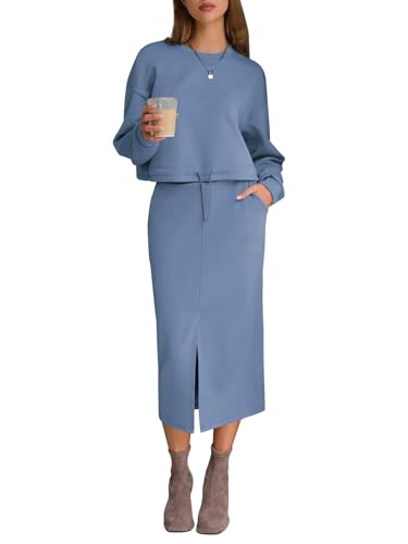 Womens 2 Piece Skirts Set Fall Fashion 2025 Drawstring Sweatshirts Midi Dress Lounge Travel Outfits Winter Clothing