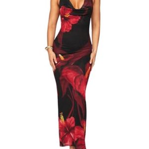 Women's Sexy Floral Maxi Dress Halter Tie Backless Cowl Neck Bodycon Party Dress