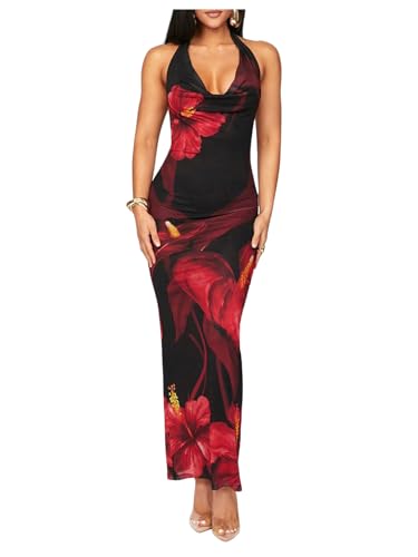 Women's Sexy Floral Maxi Dress Halter Tie Backless Cowl Neck Bodycon Party Dress