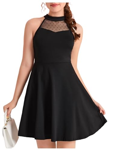 Girl's Halter Neck Sleeveless Mesh A Line Flared Flowy Elegant Short Party Dress