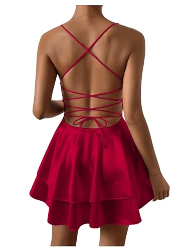 Women's Open Back Layered Flowy Criss Cross Strappy Backless Sexy Party Mini Dress