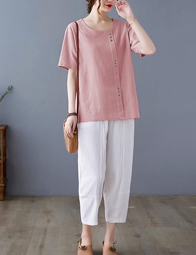 Women Cotton Blend Crew Neck Short Sleeve Basic Tunic Tee Shirts Tops Blouse