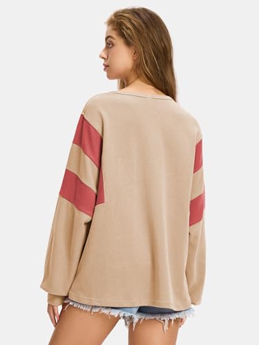 Women's Oversized V Neck Henley Shirt Patchwork 2024 Color Block Sweatshirt Long Sleeve Button Pullover Tunic Tops