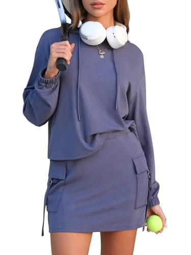 Women 2 Piece Sets Cotton Sweatsuits Fall Hooded Sweatshirt Cargo Skort Skirt Stretchy Tracksuit Casual Tennis Pockets