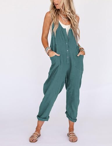 Womens Overalls Linen Cotton Jumpsuits Loose Casual Jumpers with Pockets