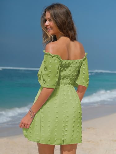 Women's 2025 Summer Casual Square Neck Dresses Ruffle Short Sleeve Swiss Dot Flowy Mini Dress