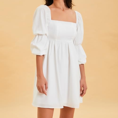 Womens 2025 Square Neck Dress Long Puff Sleeve A-Line Casual Short Mini Dresses