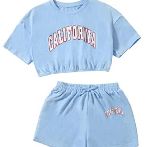 Girl's Short Sleeve Letter Graphic 2Pcs Crop Top and Track Shorts Set
